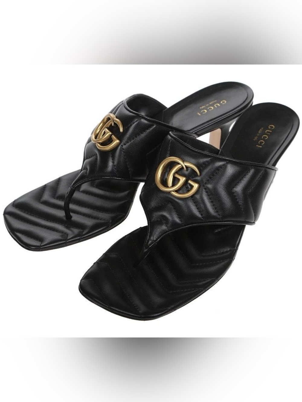 NEW GUCCI DOUBLE G LOGO BLACK MATELASSE CHEVRON LEATHER THONG HEELS SANDALS 37